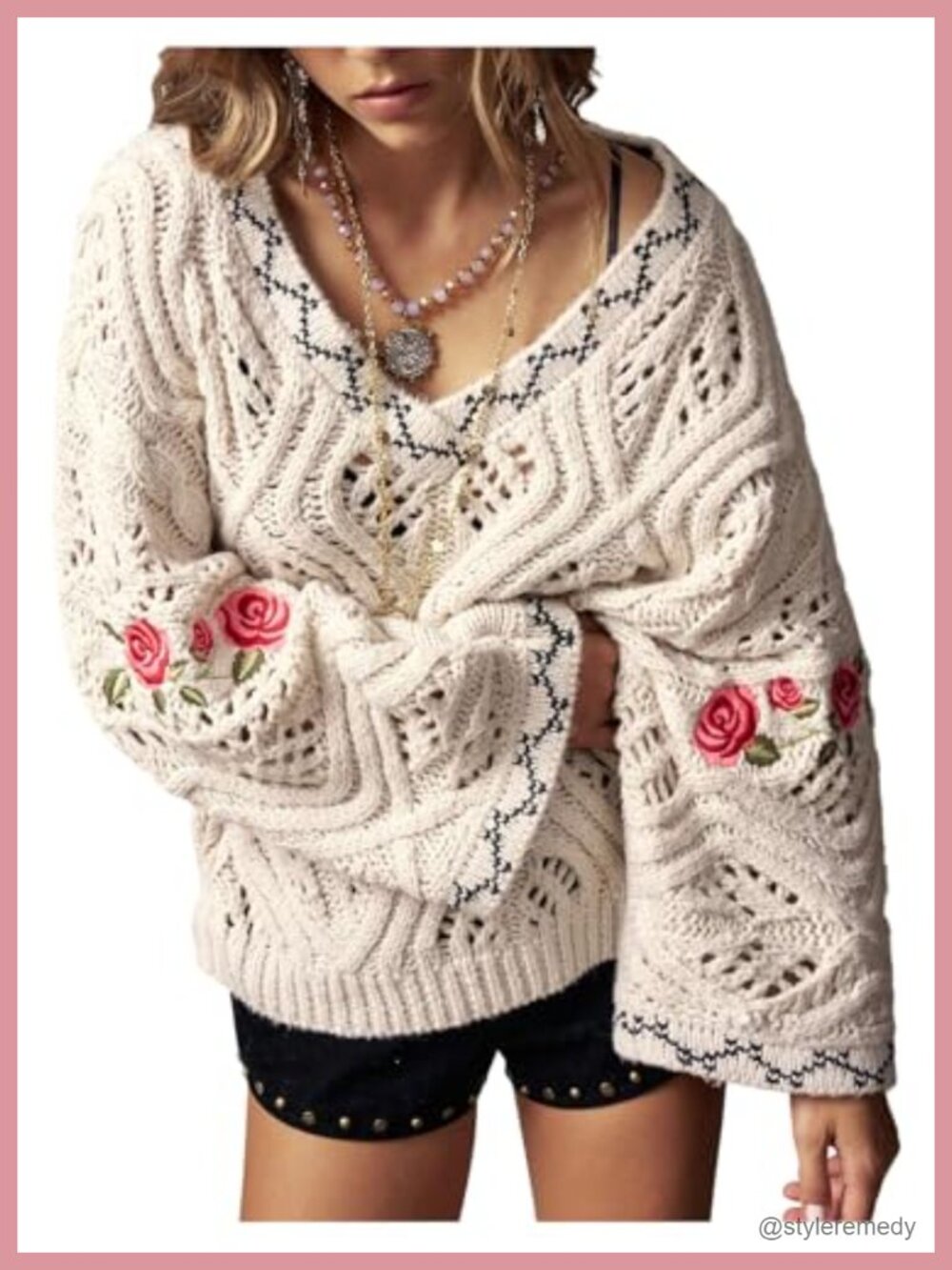 Boho Oversized Knit Sweater Openwork Floral Embroidery V-Neck Pullover Top
